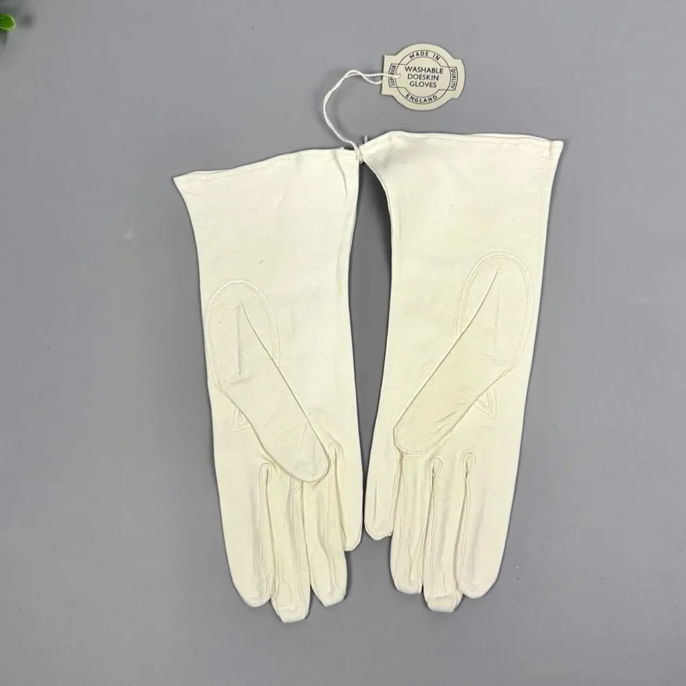 New Vintage White Gloves Washable Doeskin Leather Trimingham Bros sz 7,5 England